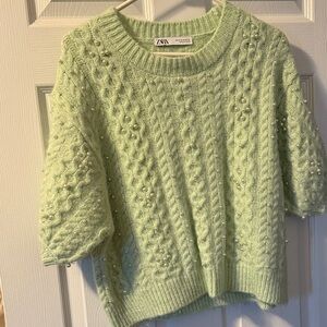Zara Light Green Embellished Knit Sweater